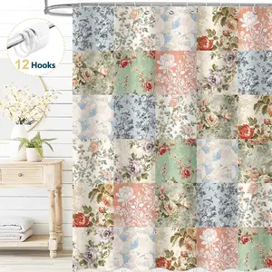 Floral Shower Curtain with Hooks, Farmhouse Patchwork Fabric Bathroom Curtain, Pink, 72" x 72"