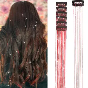 Hair Tinsel Clip in Hair  Kit Glitter Hair Extensions red 20Inch Sparkling Fairy Shiny Hair Accessories for Women Girls Kids Christmas Festival Dazzle Hair new year Colorful rose red