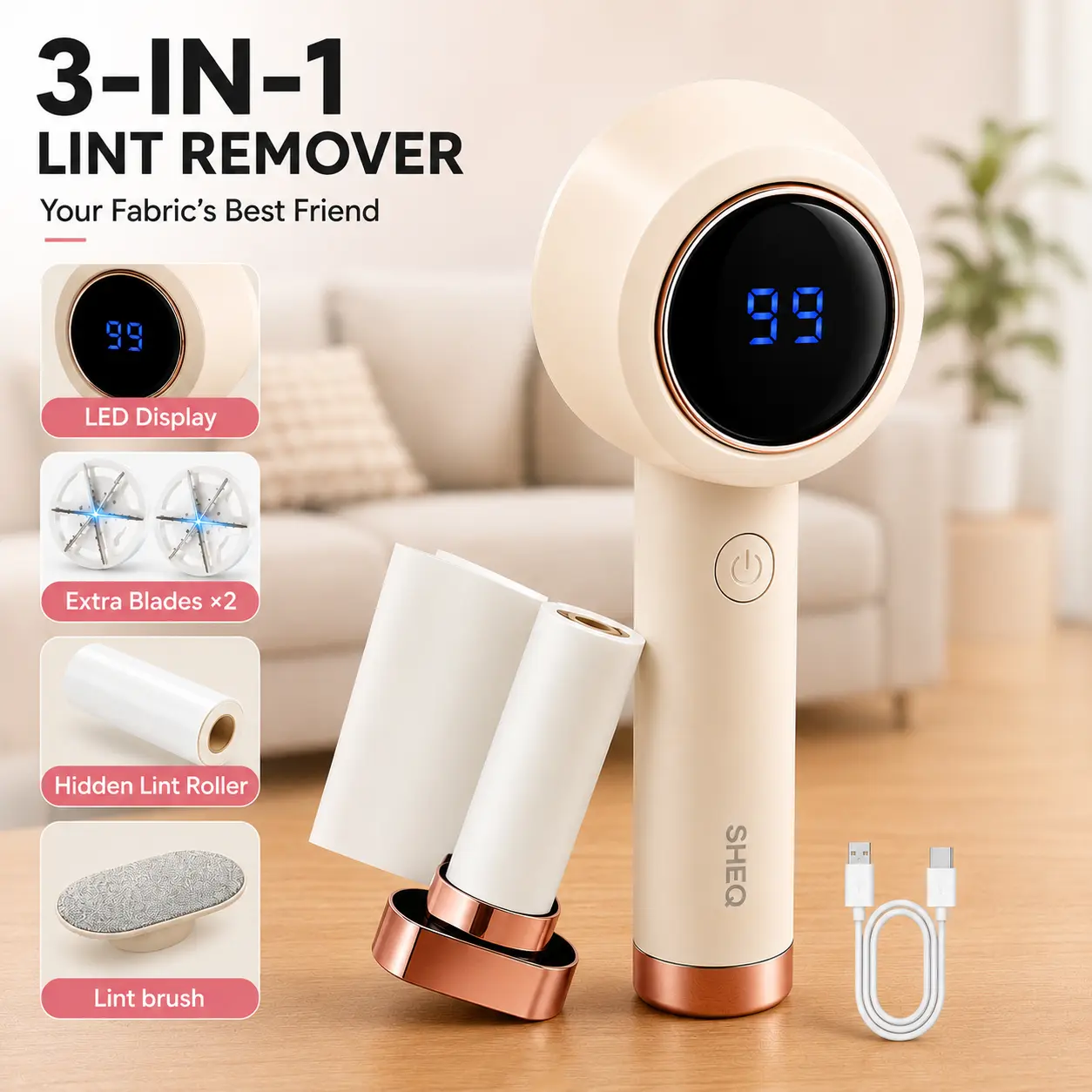 3-in-1 Electric Fabric Shaver & Lint Remover with LED Display, Rechargeable Defuzzer for Clothes, Sweaters & Couch