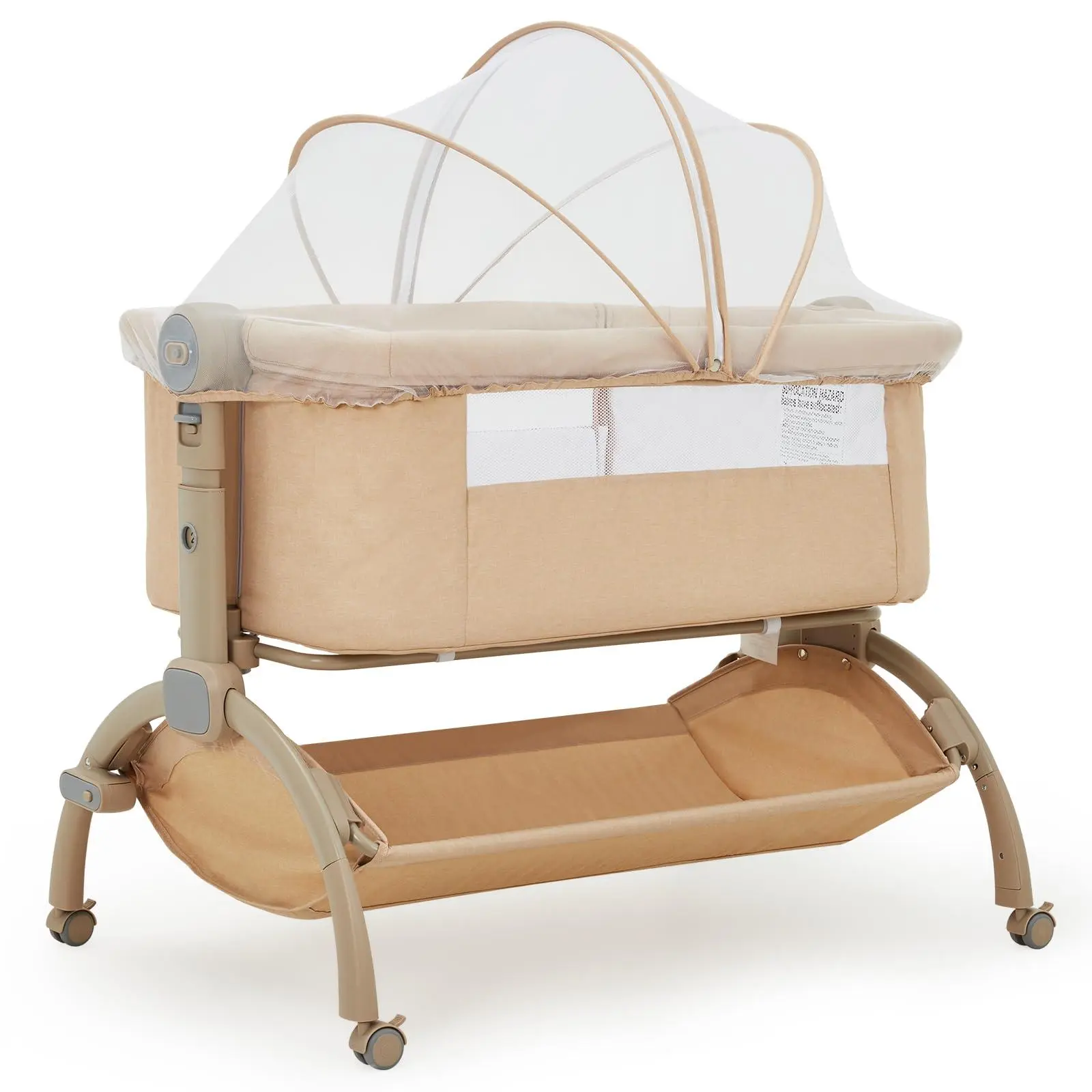 3-in-1 Baby Crib, Adjustable Bedside Sleeper with Wheels & Mosquito Net, Portable Bassinet Bassinet, Breathable Fabrics for Newborn to Toddler, Home Use, Beige, Bassinet For Baby, Baby Bassinet Bedside