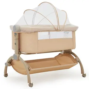 Bedside Bassinet Baby Bassinet for Baby, 3 in 1 Bedside Sleeper with Baby Co-Sleeper Travel Crib with Detachable Mosquito Net & Storage Basket | Adjustable Height, Wheels Included (Khaki)