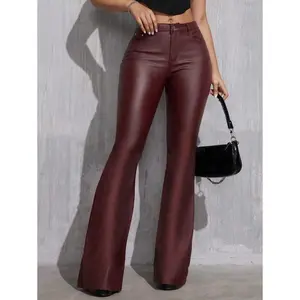 Tall Women's Plain PU Leather Flare Pants With Pockets, Fashion' Fall Cloth For Womena