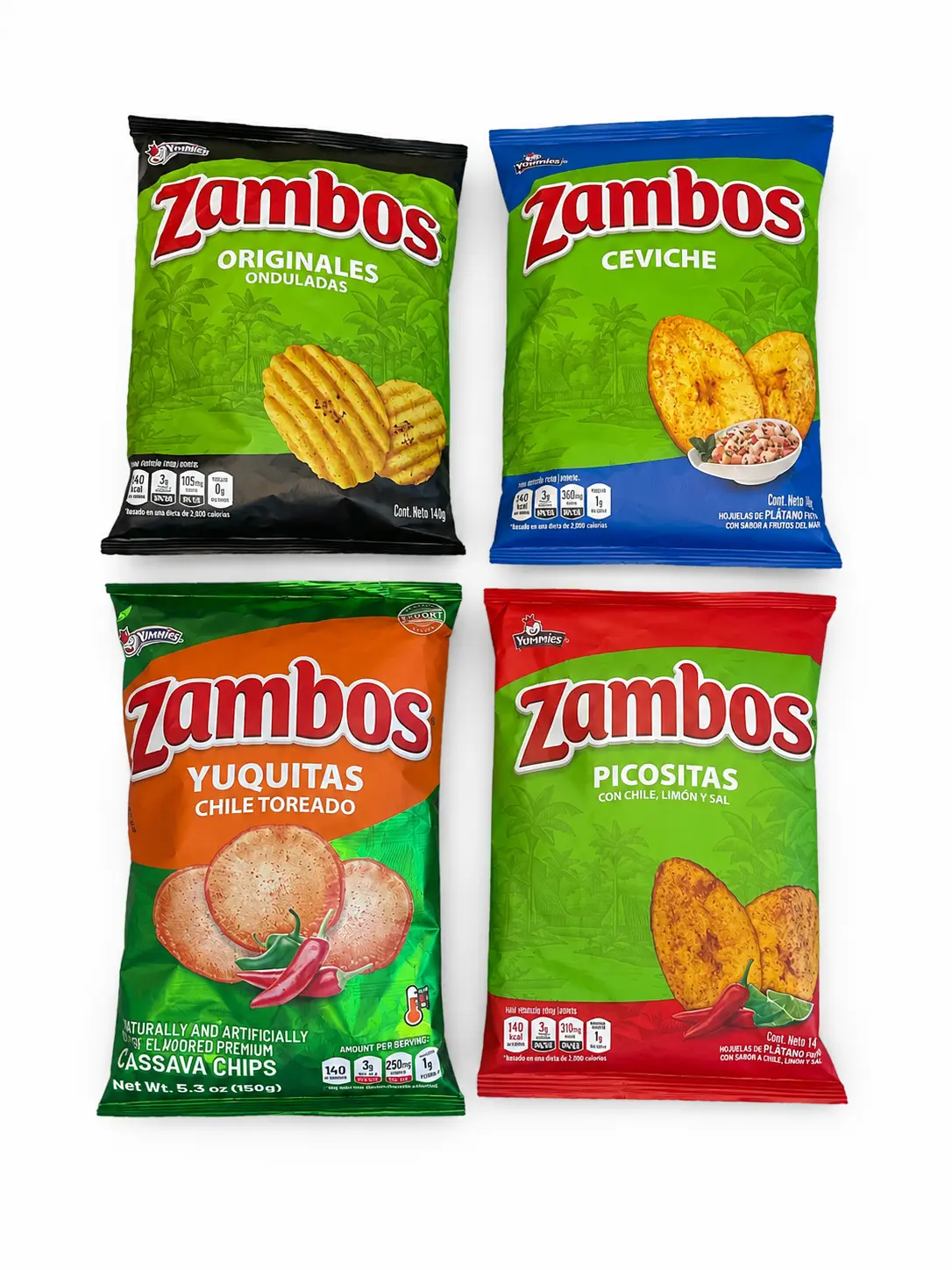 Zambo Original 4-Pack Crunchy Crispy Chip Snack Bundle - 140g Total, Includes Ceviche, Yuquita, and Picositas Flavor Crisps