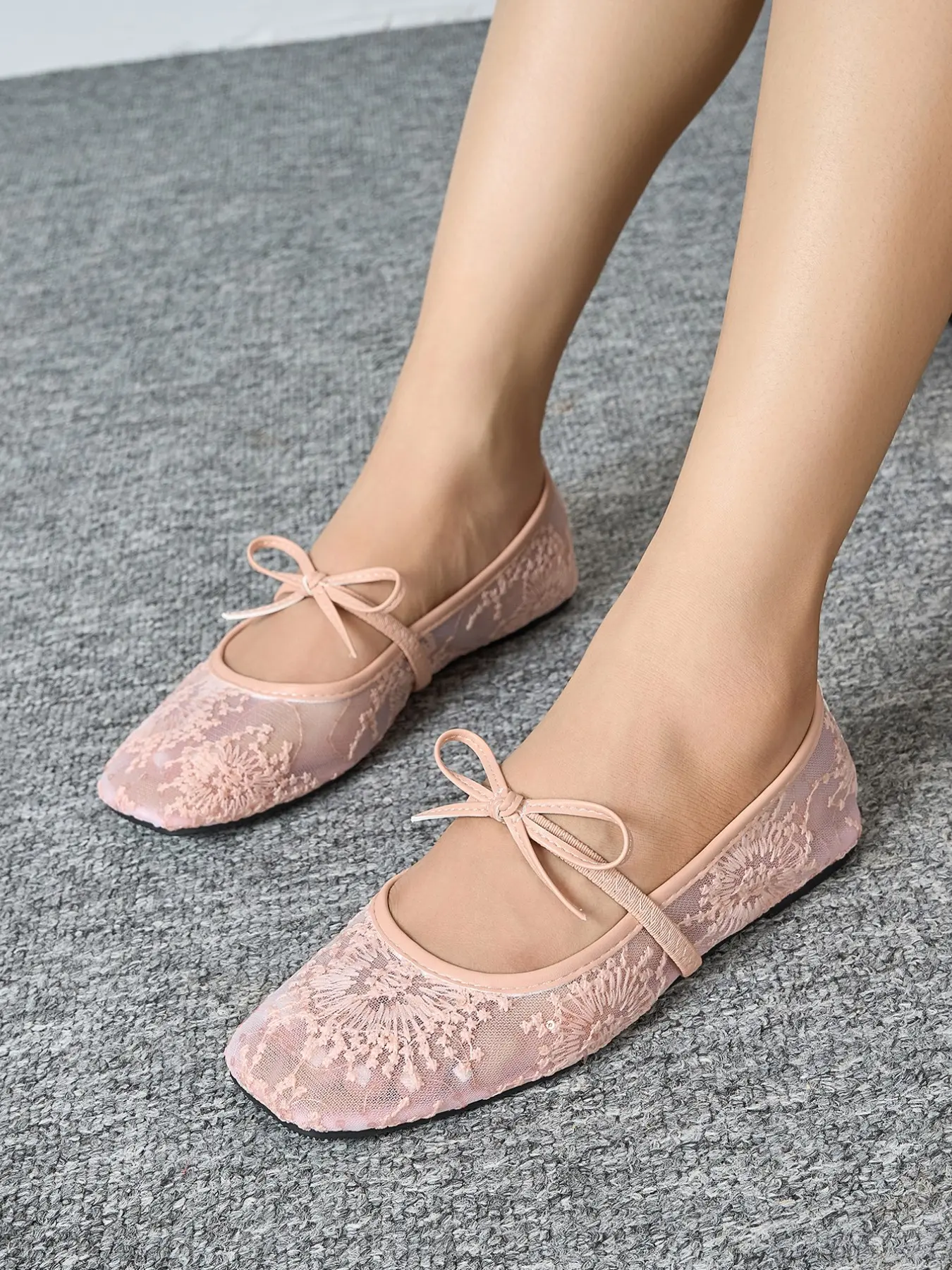 Women's Elegant Embroidered Mesh Bow Flats, Netted Ballet Flats, Lightweight Breathable Summer Spring Shoes, Comfortable Square Toe Flat Shoes