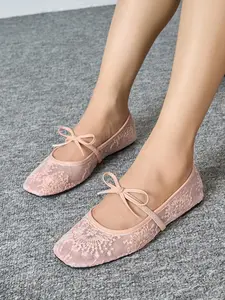 Women's Elegant Embroidered Mesh Bow Flats, Lightweight Breathable Summer Spring Shoes, Comfortable Square Toe Flat Shoes, Ballet Flats, Ballerina Flats, Casual Summer Shoes