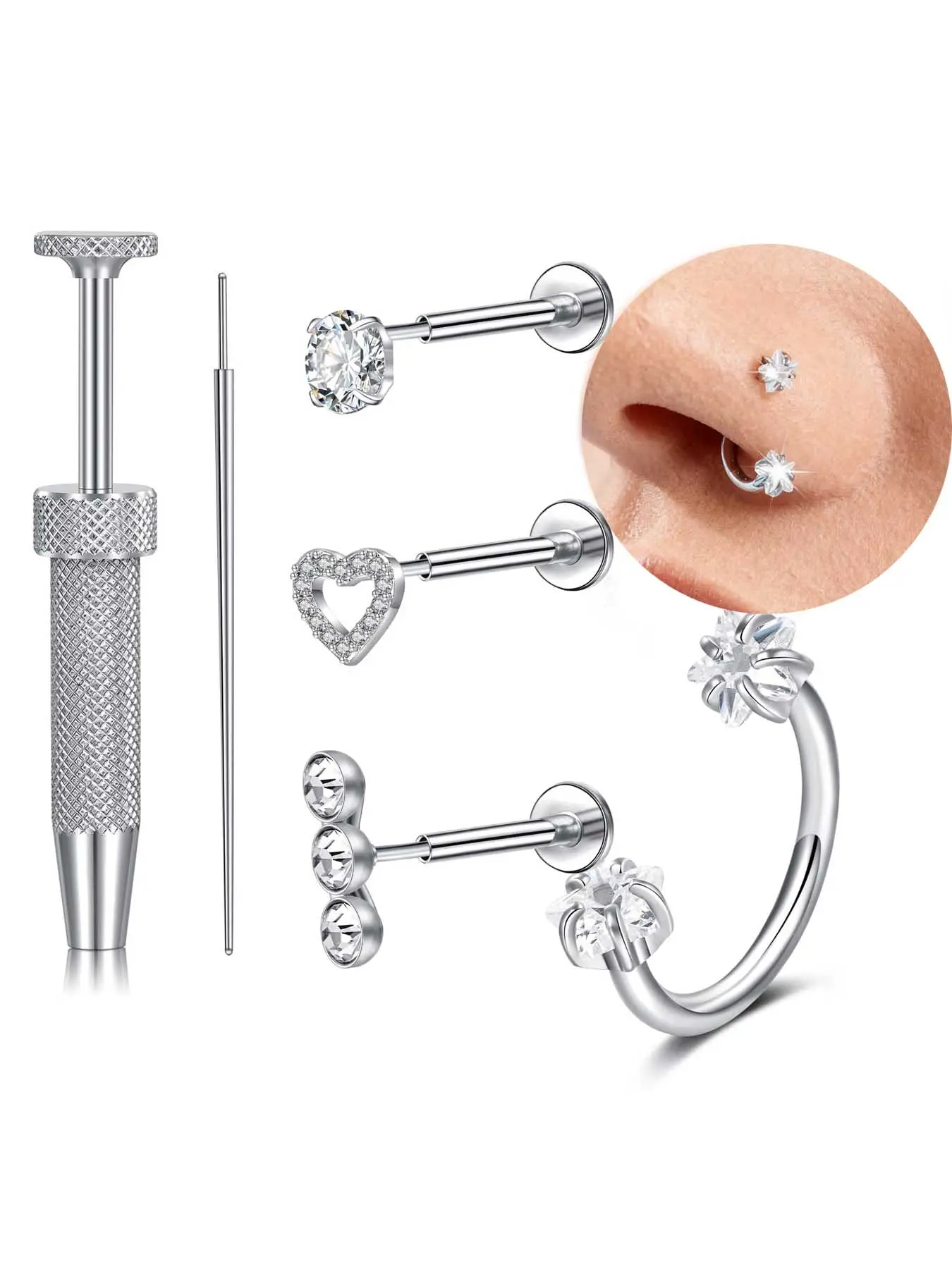 20G Push In Nose Stud Horseshoe Nose Ring Flat Back Earrings Nostril Piercing Jewellery Tragus Earring Hoops Lip Helix Piercing Jewelry Septum Rings Nose Piercings Kit Body Jewellery Nose Rings Set