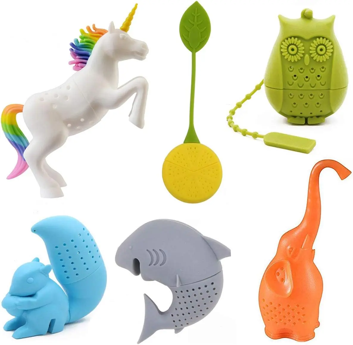 6-Piece Silicone Tea Infuser Set -Creative Animal-Shaped Tea Strainers for Loose Leaf Tea, Includes Unicorn, Owl, Elephant, Shark, Squirrel, and Lemon