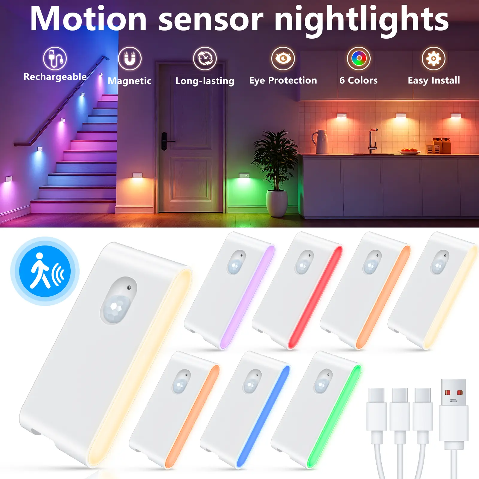 WILLED Rechargeable Motion Sensor Indoor Stair LED Lights - Wireless RGB, Warm White Dimmable LED Mood Light, Magnetic Stick-On Lighting for Stairway, Bathroom