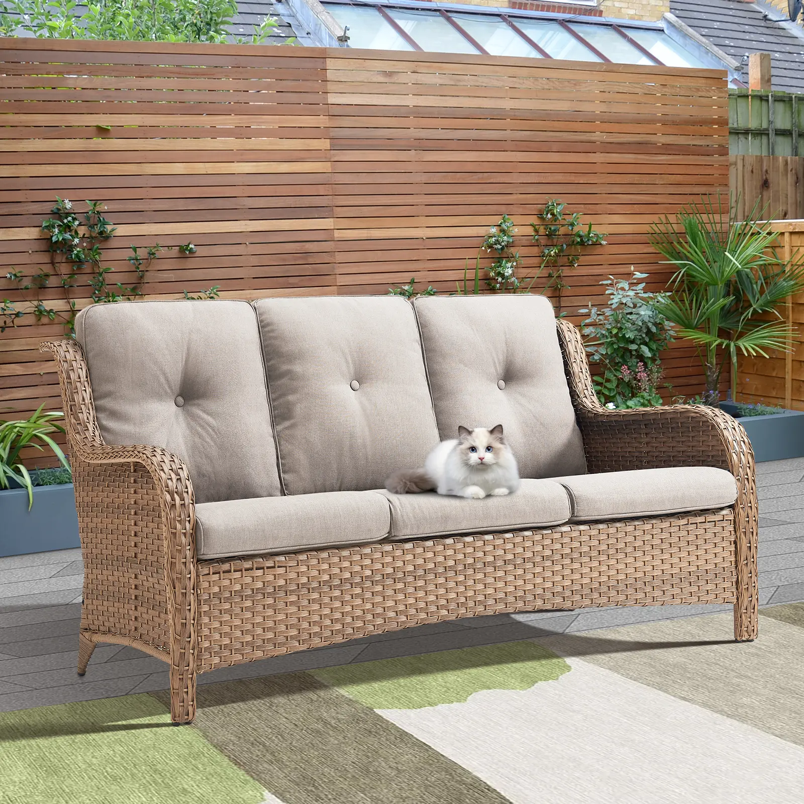 Wicker 3-Seat Outdoor Sofa - All Weather Rattan Sofa Patio Furniture with Deep Seating, Comfortable High Back Outdoor Couch for Balcony, Porch, Deck and Backyard,NTC Series