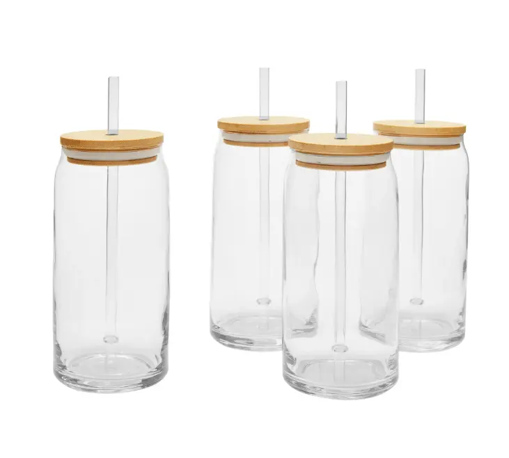 Briar Can Glass Drinkware with Lids & Straws Set of 4 Clear Glass Bottles with Bamboo Lids and Reusable Straws