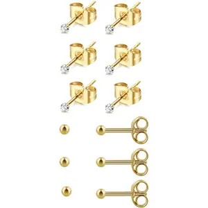 6Pairs 2mm/3mm Surgical Steel Hypoallergenic Piercing Studs, 20G 14K Real Gold Filled Tiny Stud Earrings Set for Multiple Hole Piercing (Cubic Zirconia, Pearl, Ball)