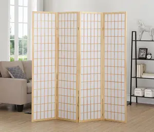 4 Panel Shoji Room Divider Natural Wood Folding Screen Oriental Style Privacy Partition