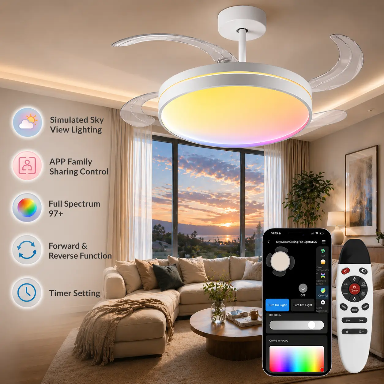 BAYSQUIRREL Smart Skyview Ceiling Fan Light with Remote Control & App, Full Spectrum Eye-Care Dynamic Sky Modes Lighting,12000K,6 Speeds, 42in Reversible Blades,24-Hour Timer SmartLamp for Kids,Seniors,Indoor & Outdoor Use