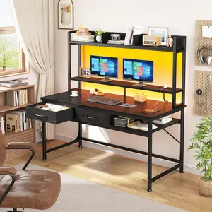 【Spring Glow up】LED Gaming Desk with 2 Drawers & Power Outlets, Computer Desk with Moniter Stand & Top storage shelf, Office Desk & Writing Table Perfect for Small Space, Sturdy & Durable Study desk, Easy Assemble, Black