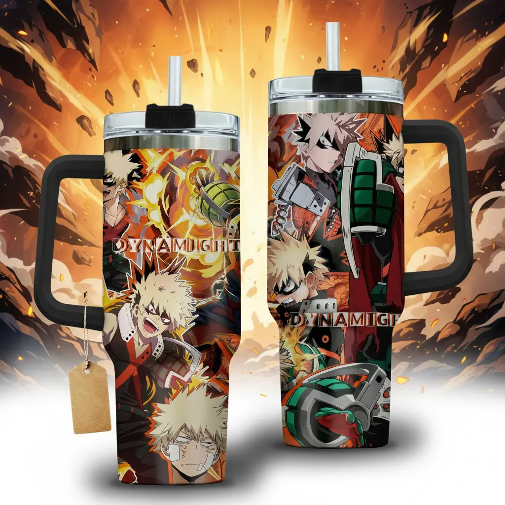 40oz My Hero Academia Katsuki Bakugo Insulated Stainless Steel Tumbler - Portable Reusable Travel Mug with Lid, Handle, Straw, Dynamight Anime Collage Design, MHA Fan Gift (Insulation Drinkware Bottle)