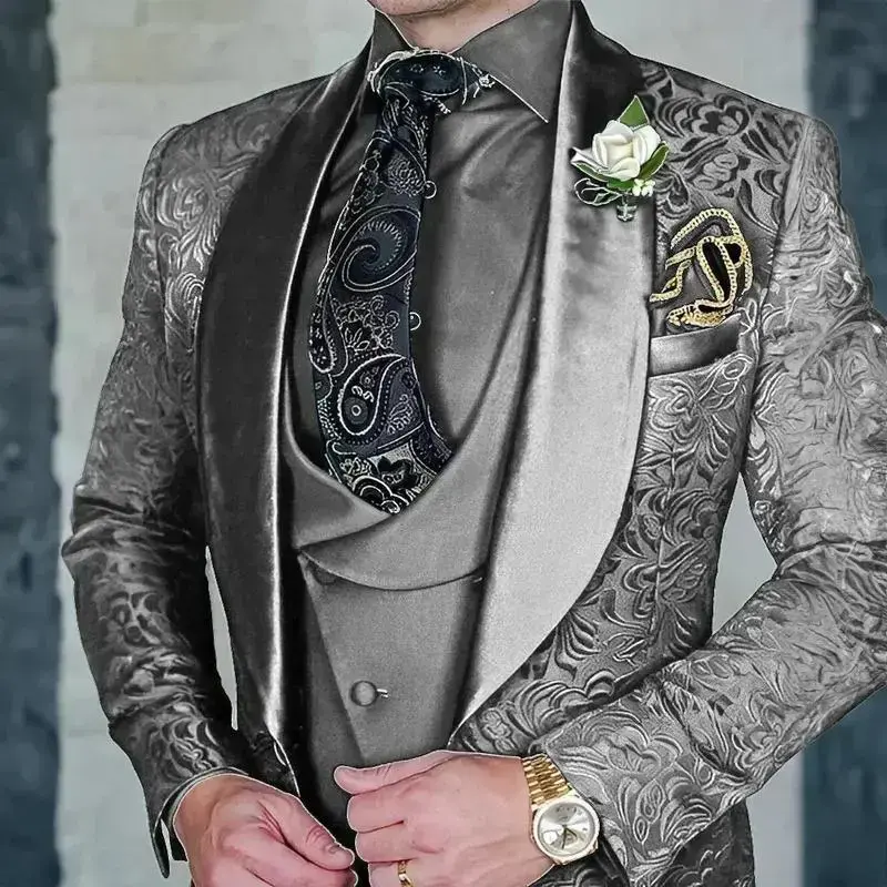 JacquardMen's3-pieceSuitSetFormalPartyDressGroomTuxedoHighQualityElegantMenTernoMasculinoCostumeHommeMariage Menswear Sleeve