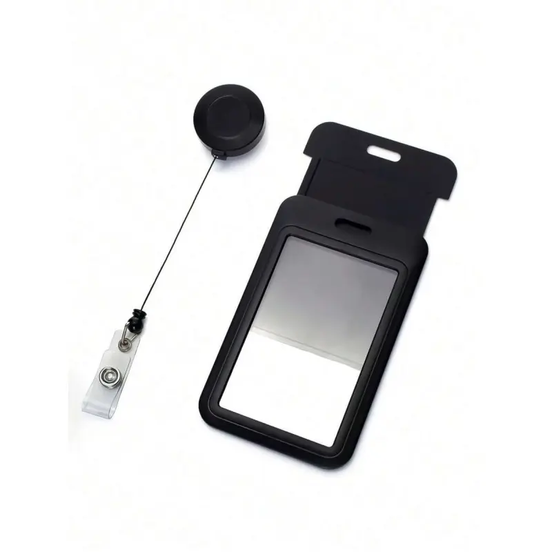 Single-piece hard plastic vertical rope ID holder with protective case and retractable roller, featuring a buckle, suitable for storing access cards, driver's licenses, passes, and photos, ideal for office, school, home, and stationery use.