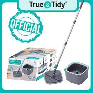 True & Tidy Spin Mop & Bucket System: Self-wash, separates clean/dirty water, includes square mop, dual-compartment bucket, & washable microfiber pads mop Rotating Mop Spin Mop Cleaning Household
