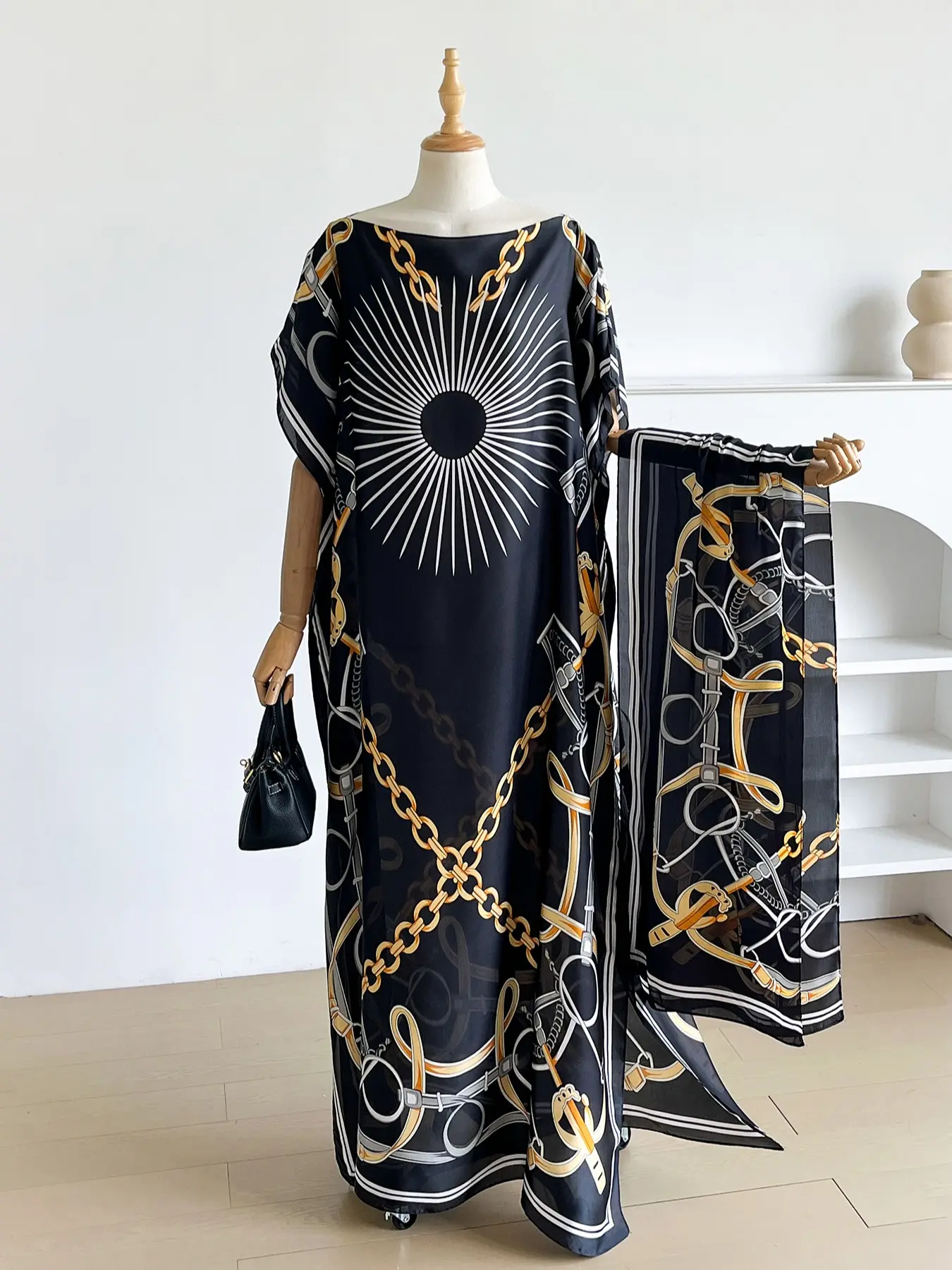 Moo Moo Long Dress Set with Chain Print, Elegant Fitted Scarf, Sun Protection Beach Wrap, All Seasons Fashion Accessory