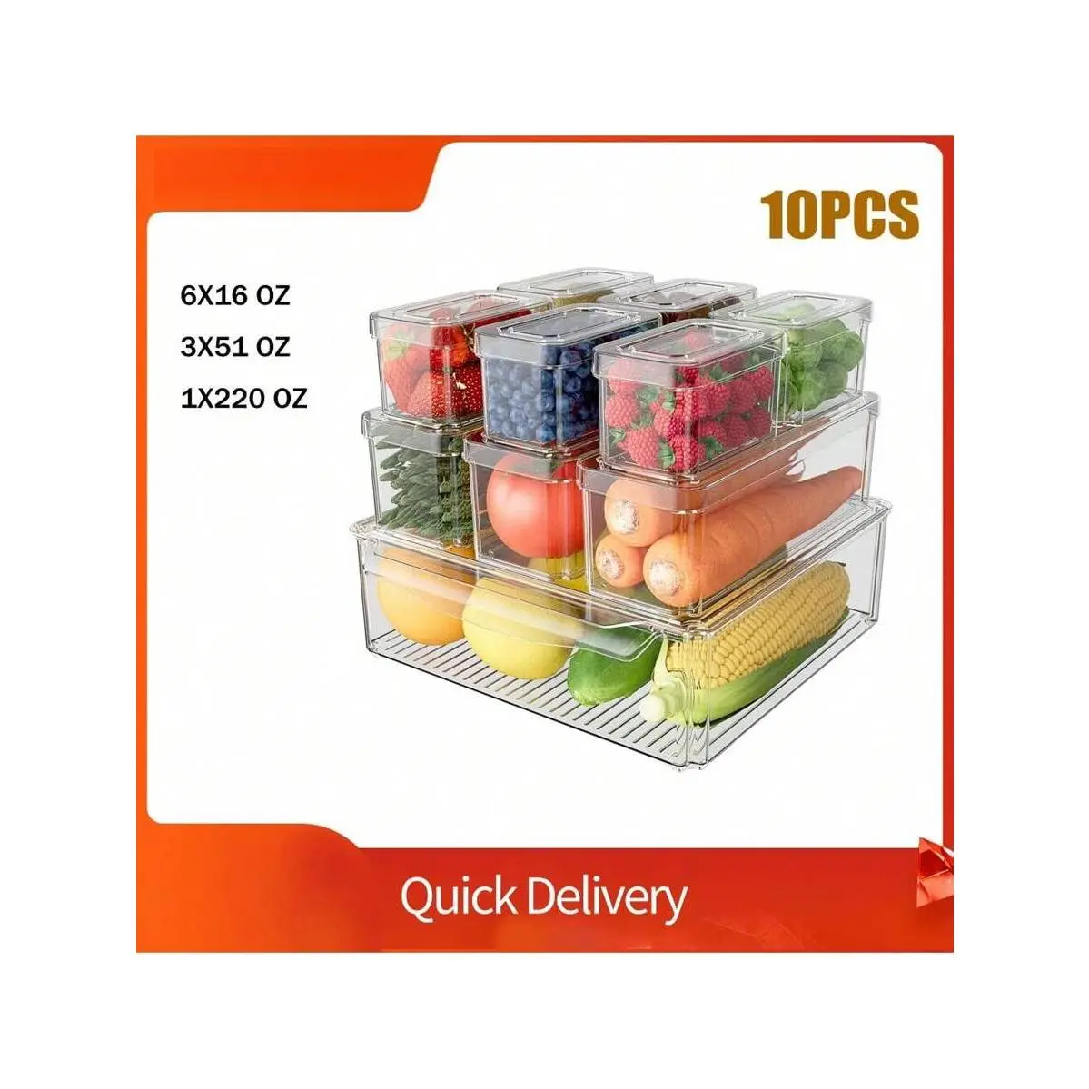 Fridge Organizers And Storage - 10 Pack Clear Refrigerator Organizer Bins With Lid, 3 Size Stackable Fridge Organization, Fruit Container For Refrigerator, Keep Egg Grape Tomatoes Etc Fresh