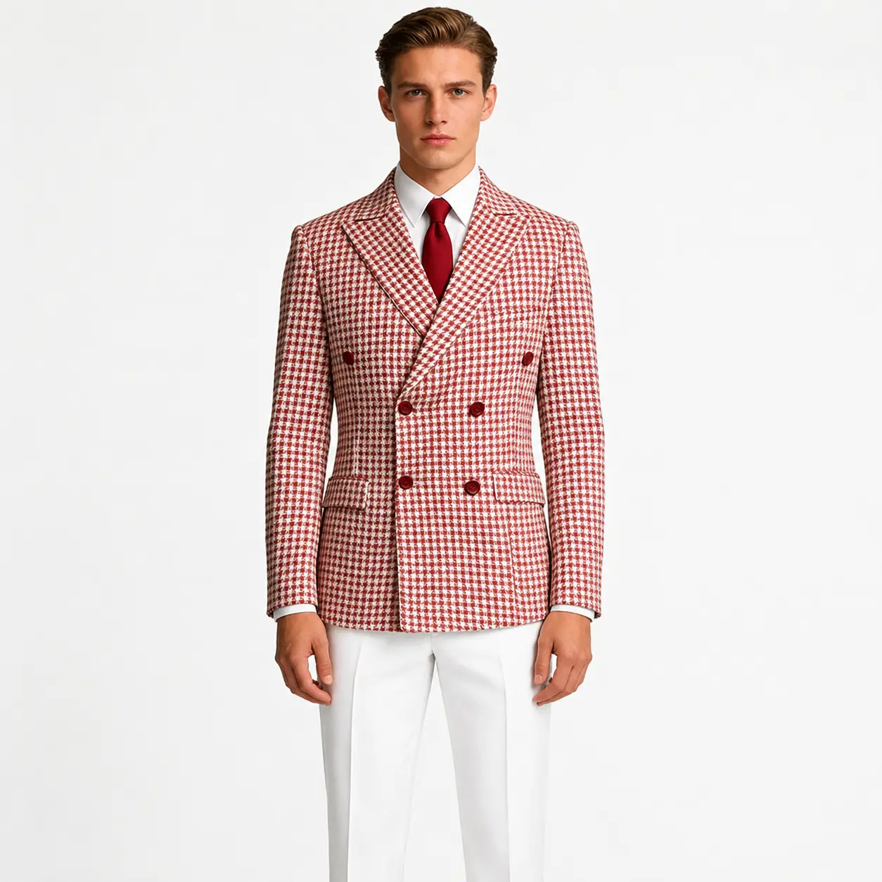 Men's Viral Houndstooth Suit Jacket Series | Black & White / Cherry Red / Bright Colors (Double Breasted / Loose Fit) | Vintage Fashion Personalized Piece, Levels Up Your Daily Outfit | Men's Trendy Fashion Slim Plaid Prom Suit Set bedazzled  suit suits F