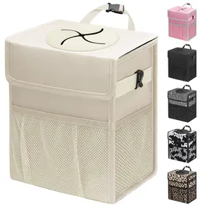 Car Trash Can with Lid Leak-Proof Car Trash Bag Hanging Waterproof Car Trash Bin with Storage Bag Mini Car Trash Can Suitable for Rear/Front Seat (Beige, 2.5 Gallon)