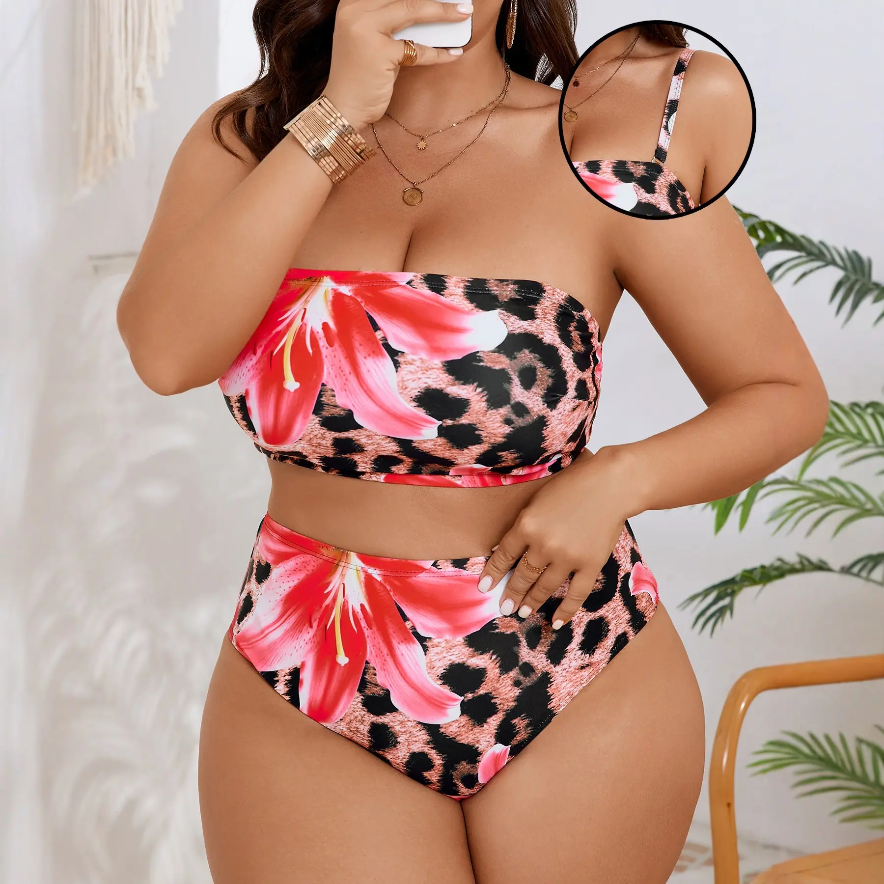 Plus Size Floral Lily Print Bikini Set, High Waisted 2-Piece Swimsuit with Tummy Control and a Bandeau Top with Removable Straps, Plus Size Swimsuits, Stretch, Swimsuits Tummy Control