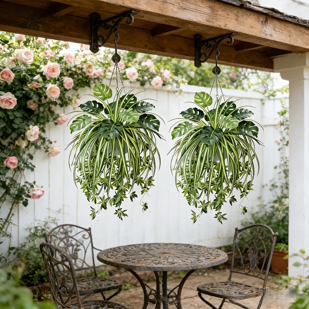 2 Items = Spider Plant + Monstera, Nordic Style Artificial Plant Hanging Basket Monstera Combination Green Plants, Uv-Resistant Green Plants - Suitable for Outdoor Gardens | Home Decor | Artistic Decoration | Artificial Green Plants Hanging Planter