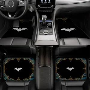 4 Black Background Car Floor Mats with White Bat Pattern - Printed Design, Non-Slip Polyester Mats - All-Weather, Suitable for Cars, Trucks, SUVs - Ideal Gift
