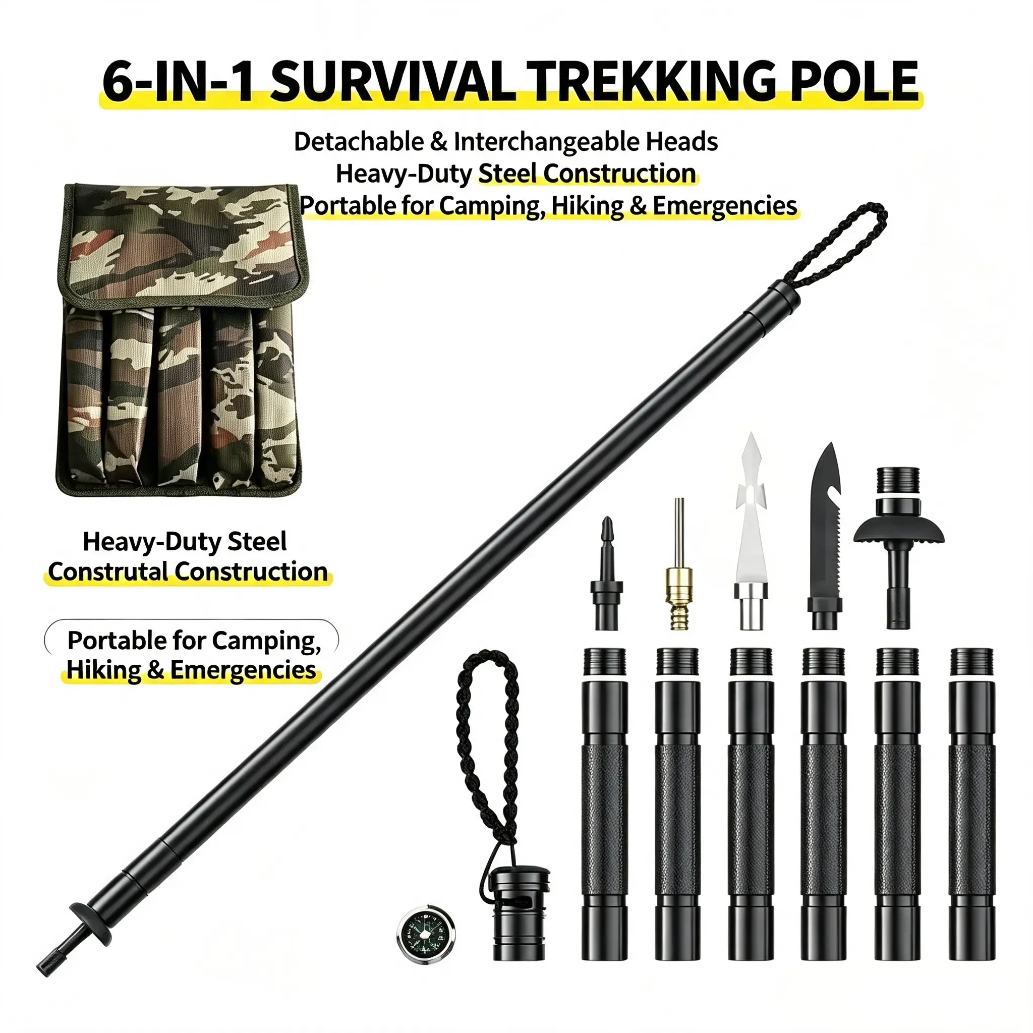 Modular 6-Piece Survival Trekking Pole, Collapsible Multitool Hiking Staff with Interchangeable Attachments, Compass & Storage Bag, Durable Outdoor Tactical Gear for Hiking, Camping, Trekking and Wilderness Emergency Preparedness Folding  Shovel