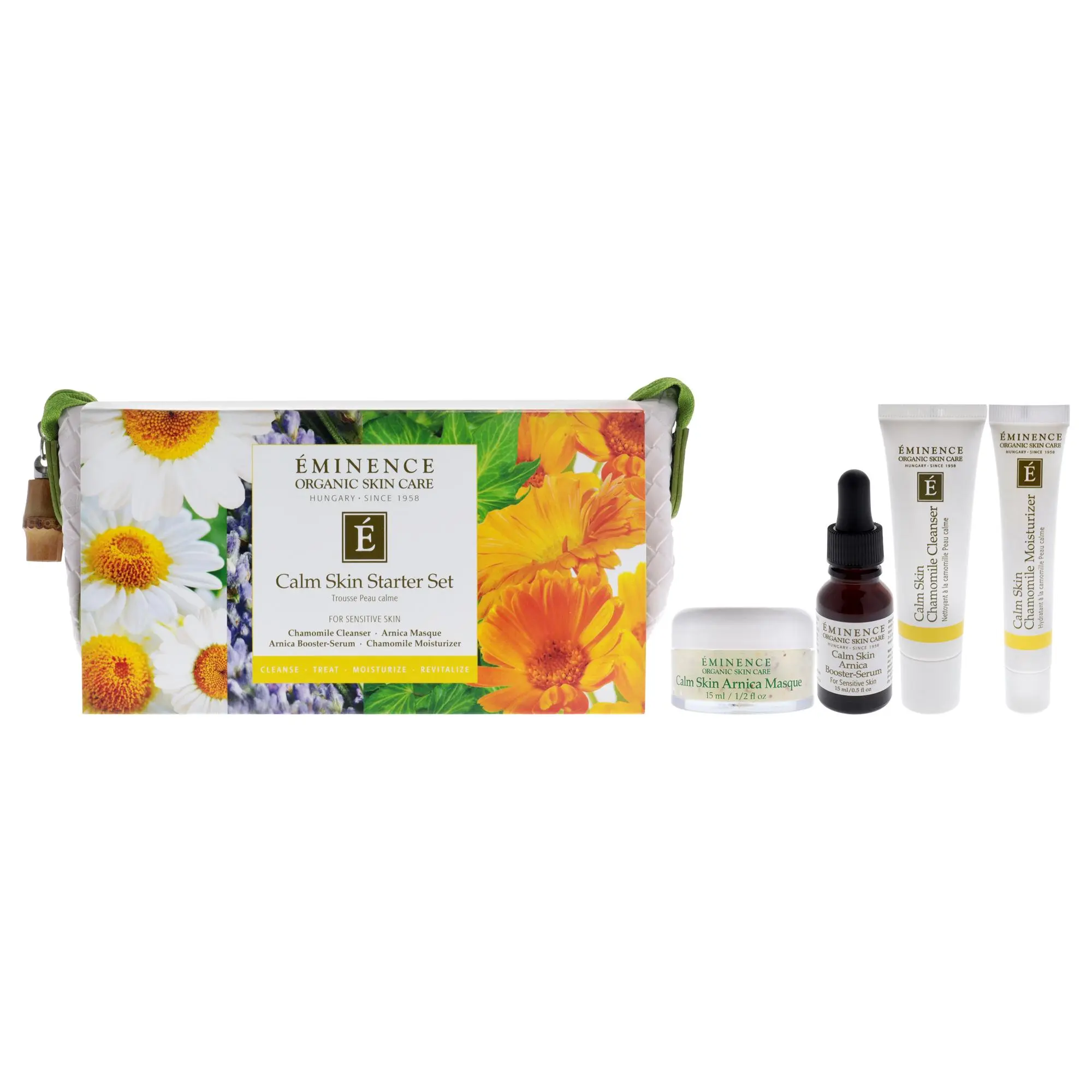 Calm Skin Starter Set by Eminence for Unisex - 5 Pc 1oz Calm Skin Chamomile Cleanser, 0.5oz Calm Skin Chamomile Moisturizer, 0.5oz Calm Skin Arnica Mask, 0.5oz Calm Skin Arnica Booster-Serum, Cosmetic Bag