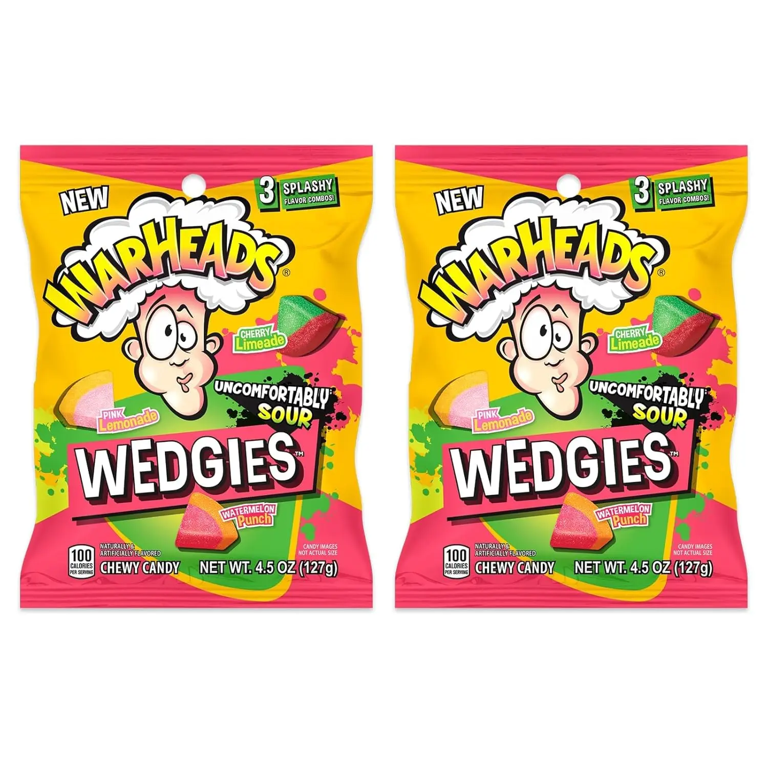WARHEADS Wedgies Sour Chewy Candy 2 Pack 4.5 oz Bags Pink Lemonade Cherry Limeade Watermelon Punch Soft Fruity Candy Snack Assorted Flavors