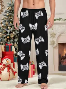 Men's Game Theme Sleep Pants, Soft Lightweight Homeewear, Elastic Waistband, Controller Print, All-Season Wear, Sleepwear Pajamas