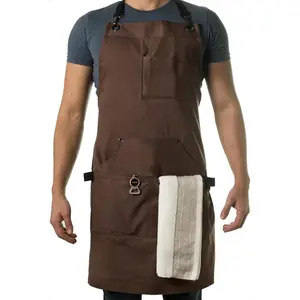 Chef and BBQ Apron with Bottle Opener and Hand Towel - 10oz Cotton Canvas, Stainless Steel Hardware - Cross Back Straps