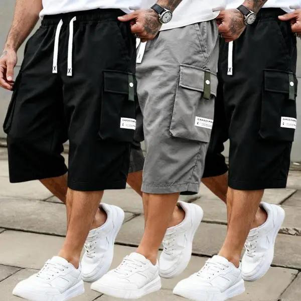 Men's Summer Casual Cargo Shorts - Elastic Drawstring Waist, Multiple Pockets & Letter Patch Design, Regular Fit Mid-Rise Non-Stretch Fabric for Daily Wear & Leisure Activities, Nontransparent Fabric
