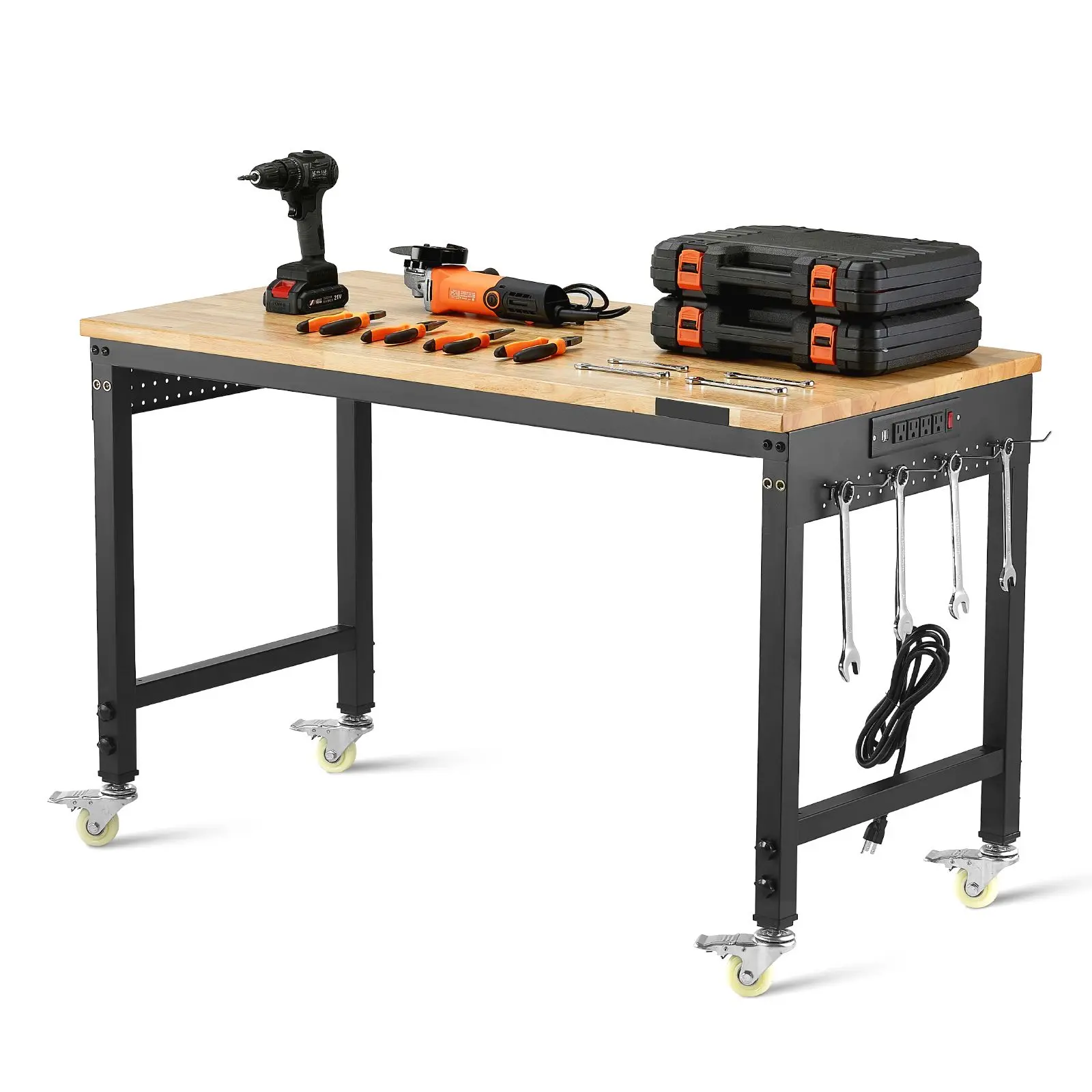 48-Inch Adjustable Heavy Duty Oak Wood Steel Workbench (2000 lbs Load Capacity) with Power Outlet, Wheels, Pegboard, Tool Racks, Pre-Installed Holes for Garage, Indoor Crafting, Home Office Setup, Rubber Feet