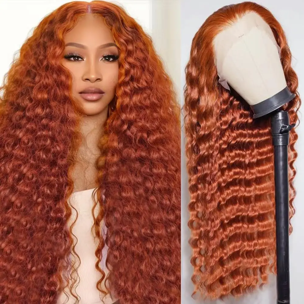 Ginger Orange Wig Human Hair 13x6 Deep Wave Lace Front Wigs 180 Density Hd Lace Curly Orange Wig Glueless Wigs Human Hair Pre Plucked Pre Cut With Baby Hair