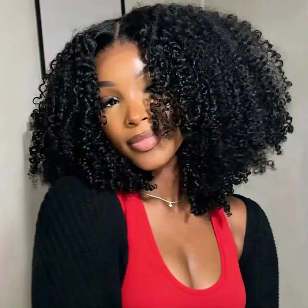 Geeta Half Wig Kinky Curly Wear Go Glueless Wigs 3 In 1 Half Wig with Drawstring Cap Beginner Friendly Seamless Flip Over Curly Human Hair Wigs