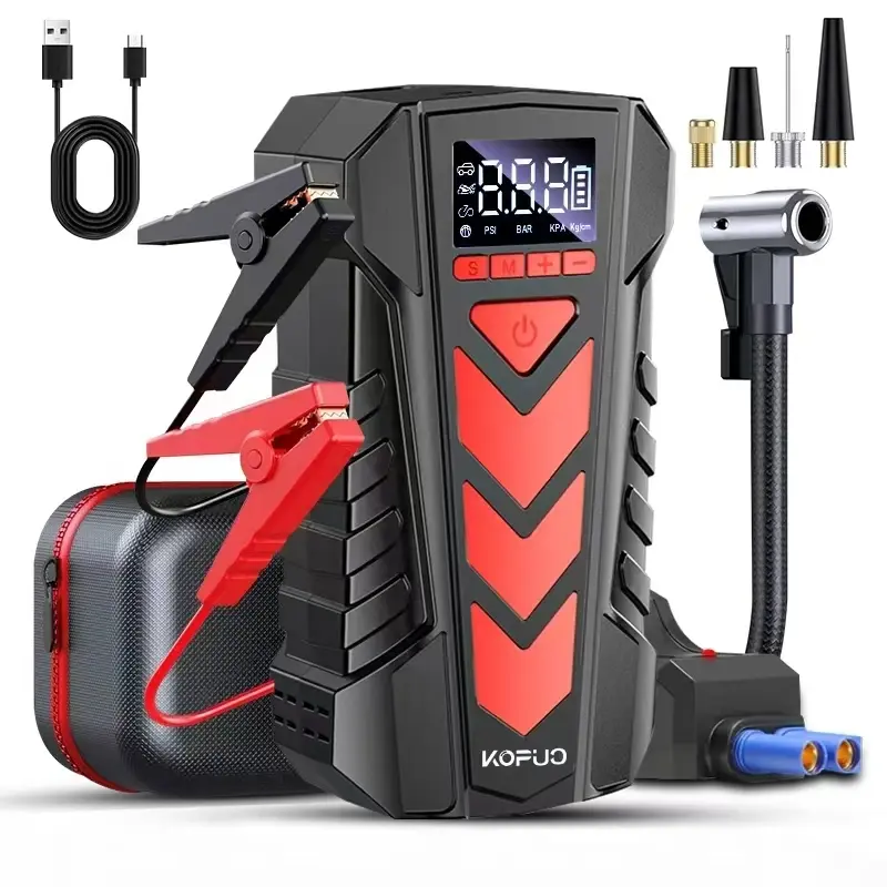 KOPUO 5-in-1 12V Portable Car Battery Jump Starter with 1000A Jumper Cables, 150PSI PSL Tire Inflator, 160W DC Out, for 9L Gas/8L Diesel Vehicles, Automotive Emergency Tool
