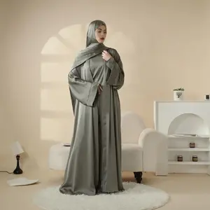 Modest  Muslim Maxi Formal Elegant Comfort 4-Piece Set Design Clothing :  Satin Top, Pant ,Open Abaya and  Hijab summerwins