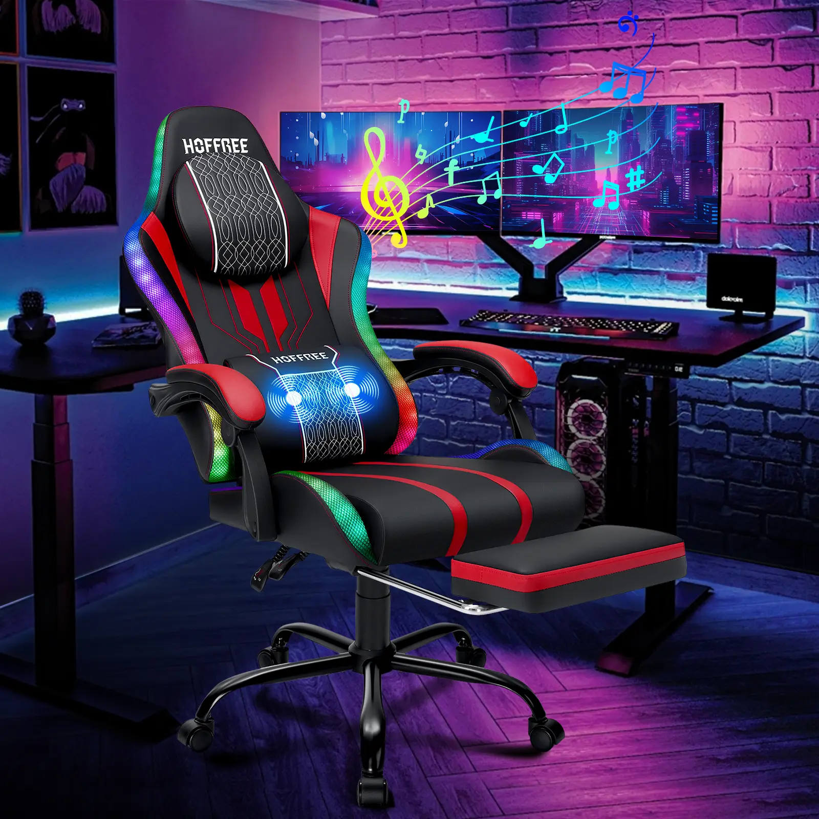 HOFFREE LED Gaming Chair Massage with Speakers Game Chair Big and Tall with Footrest Gamer Chair for 400lbs Computer Desk Chair for Adults Red and Black