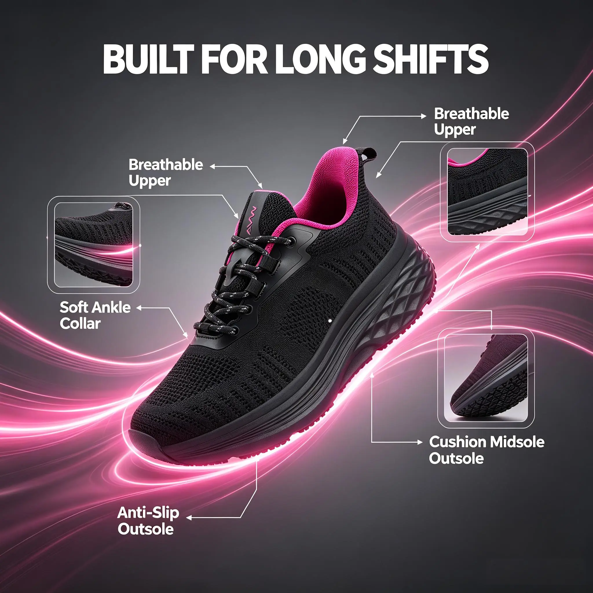 Women’s Non-Slip High-Quality Chef Walking Shoes - Aesthetic Sporty Chic, Breathable Low-Cut PU Mesh, MD Rubber Cushioning Sole, EVA Shock-Absorbing Pad, Lace-Up Round Toe, Lightweight Solid All-Year-Round Casual Trainers for All-Day Wear