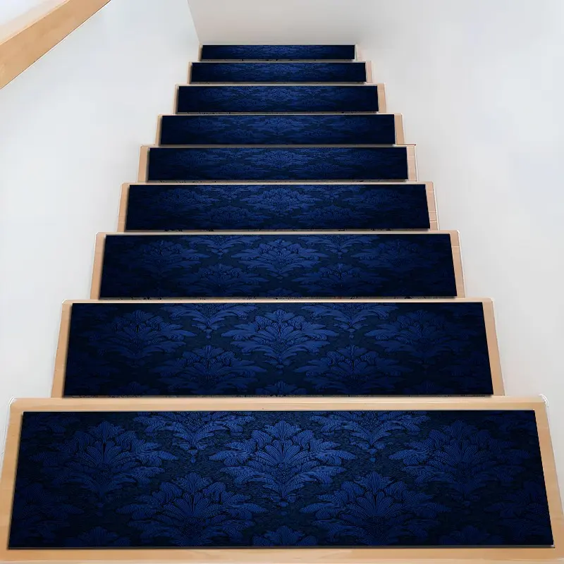 Deep Blue Stair Mat with Damask Pattern, Absorbent Non-Slip Wooden Step Rug, Stair Tread Rug, Quick-Dry Moisture-Drain Stair Strip, Washable Anti-Slip Floor Mat, Decoration, Home Decor Rugs