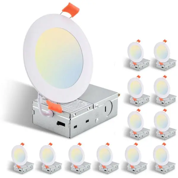 12-Pack 4 Inch Ultra-Thin LED Recessed Ceiling Light with Junction Box, 2700K-5000K Dimmable Color Changing Downlight, 9W 810LM, Easy Install, Ideal for Kitchen, Bedroom, Basement