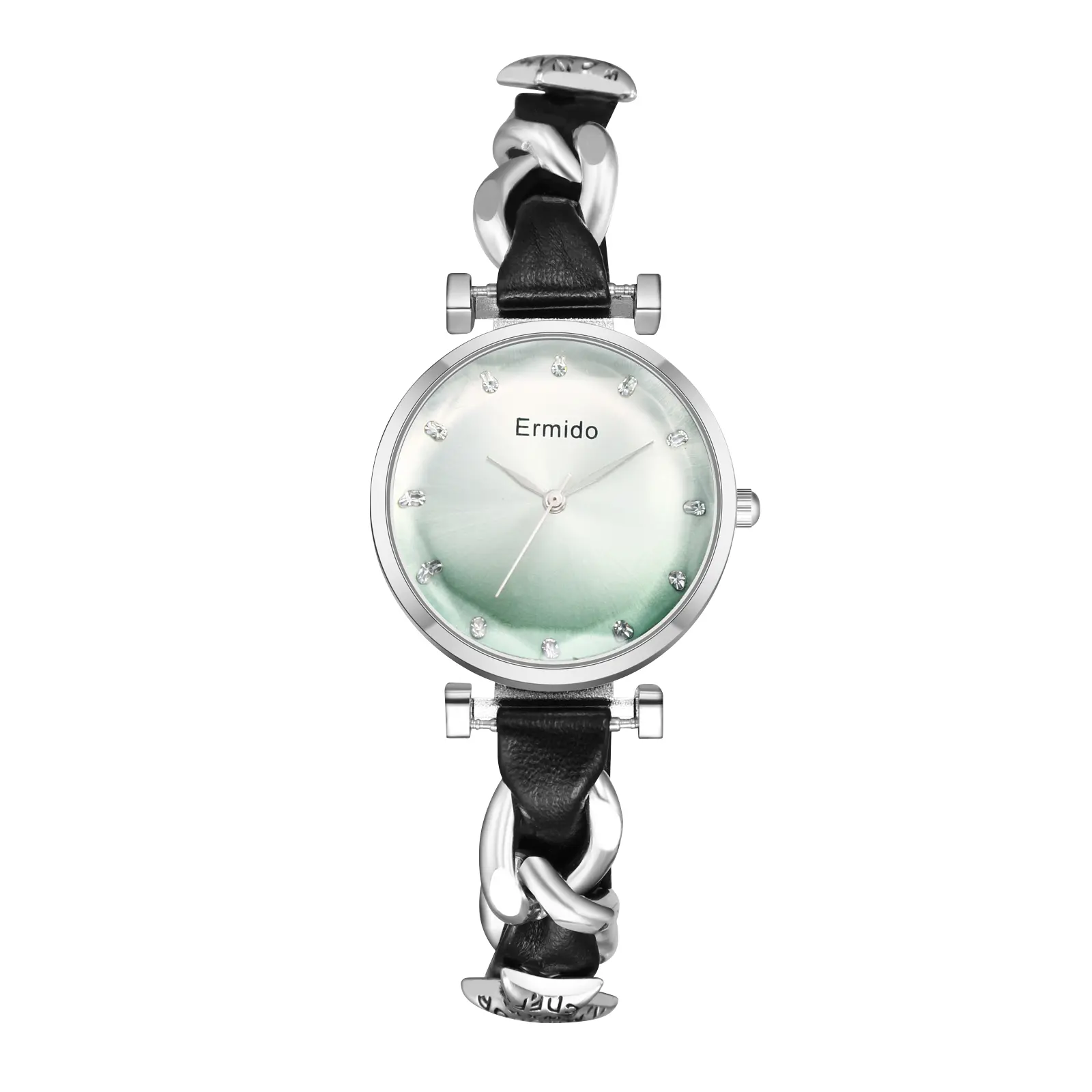 OIDEA Women's Cuban Link Leather Bracelet Watch - Dainty Analog Diamond-Cut Quartz Watch with Faceted Crystal and Rhinestone Markers, Diamond-Cut Quartz Watches