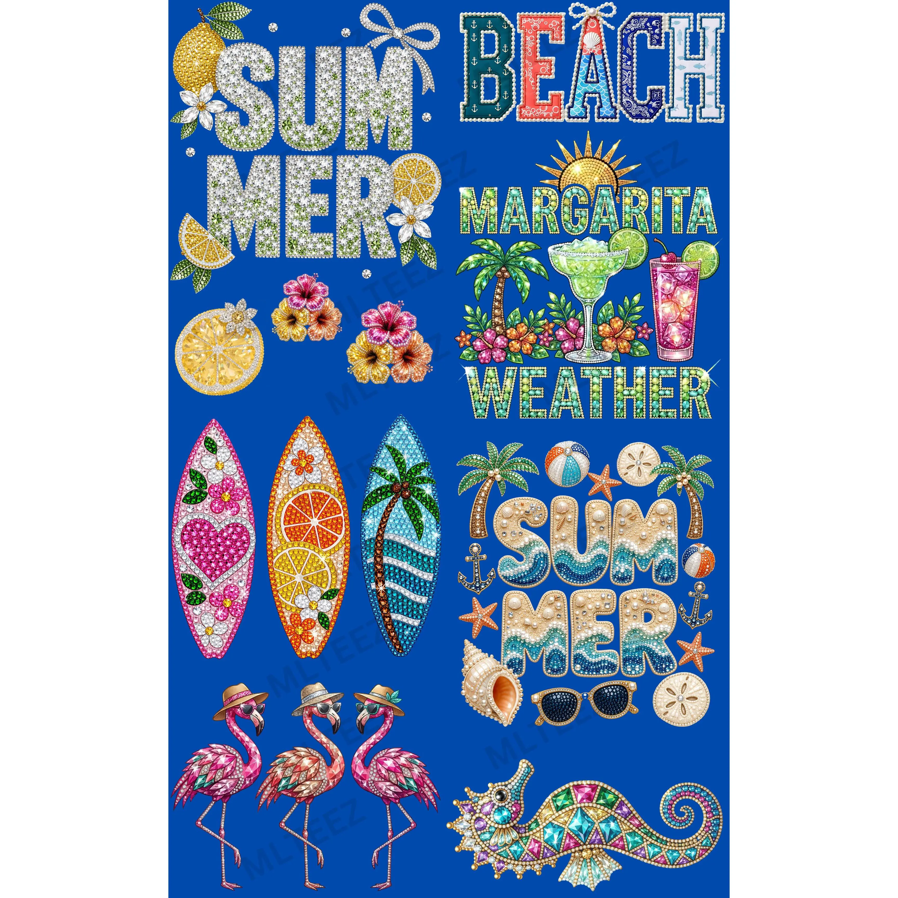 SUMMER (1) FAUX RHINESTONE PREMADE GANGSHEET - 22X36 DTF TRANSFERS - DIRECT TO FILM