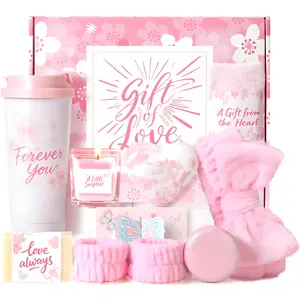 Birthday Gifts for Women Cherry Blossom Spa Gift Box with Tumbler, Self Care Relaxation Basket for Mum, Wife, Sister, Friend & Grandma, Perfect Thank You Gift for Mother’s Day, Valentine’s Day & Christmas, Pink & Blue