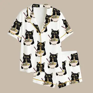 Kawaii Noodle Cat Satin Pajama Set for Women, Cute Kitty Print Sleepwear, Short Sleeve Button Top with Elastic Shorts, Soft Summer Lounge Outfit Gift