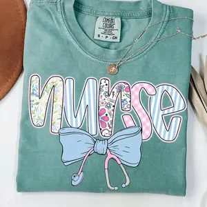Comfort Colors Preppy Nurse Floral Coquette Shirt, 2026 Stethoscope Bow Tee, Blue Checkered Nurse T-shirt, Cute Aesthetic Nursing Gift, Trendy Coquette Apparel
