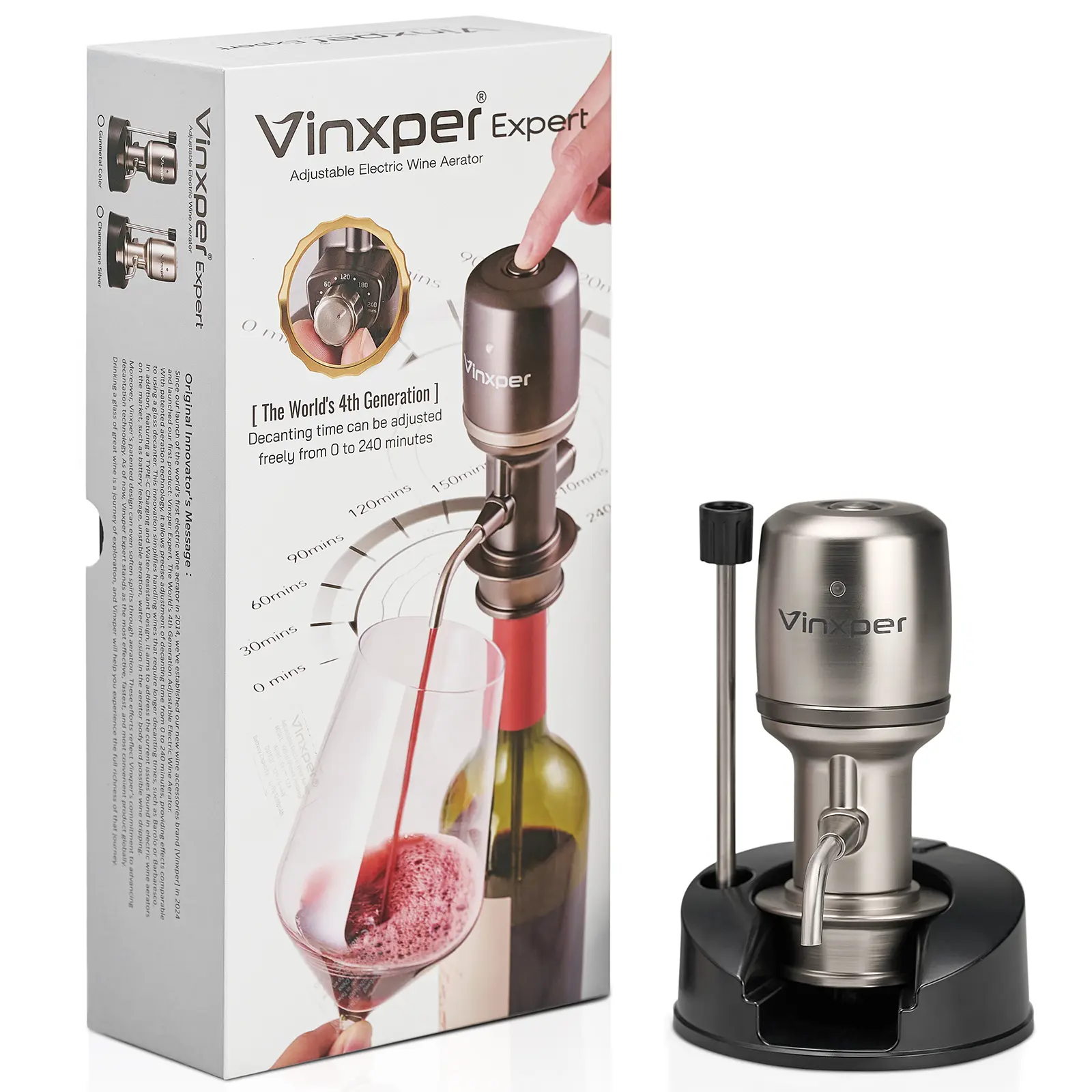 Vinxper Expert Adjustable Stainless Steel Wine Aerator-Decanter with Silicone Parts, Instant On-Demand Decanting Tool for All Types, Great for Home Wine Nights, Kitchen Utensil